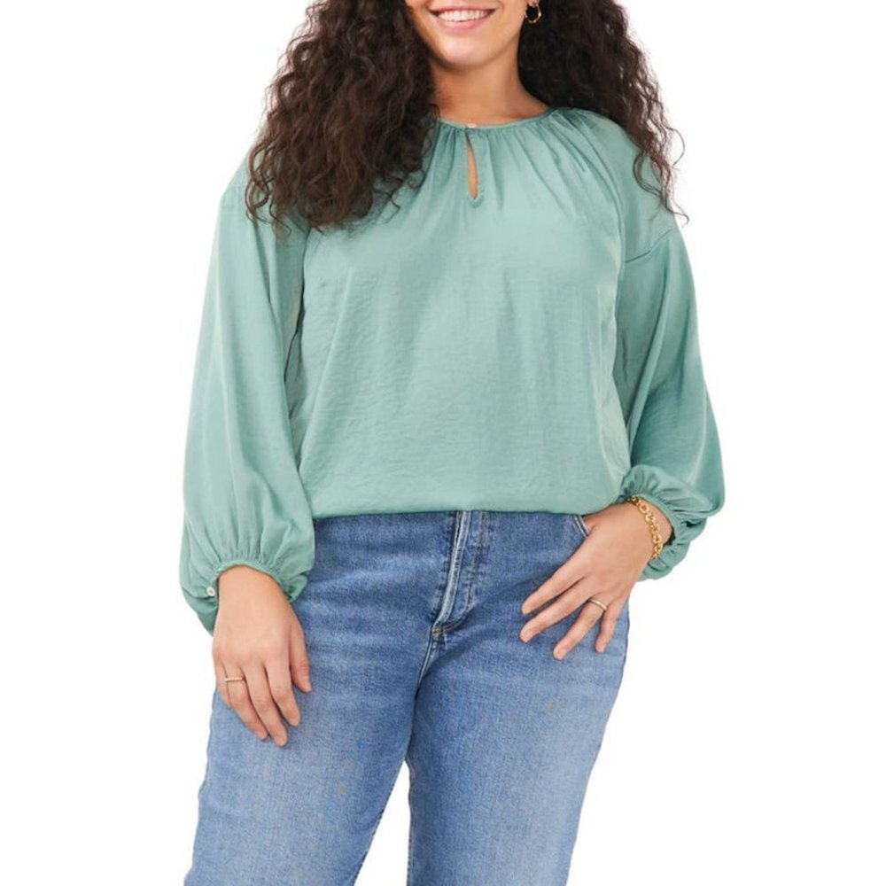 NWT New $89 Vince Camuto Keyhole Rumple Satin Teal Blouse Size 2X